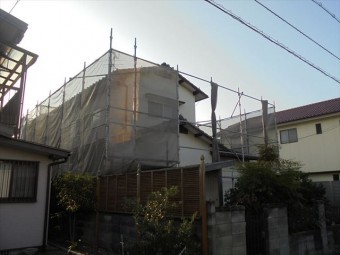 岡山市南区 瓦屋根葺き替え工事 養生足場