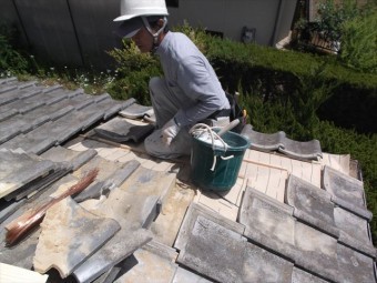 赤磐市 雨漏り修理 棟瓦積み直し 平瓦葺き直し