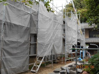 岡山県久米南町 屋根工事 雨漏り修理 養生足場完成