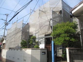 岡山市北区 外壁塗装 養生足場