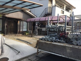 岡山市北区 瓦屋根葺き替え工事 養生足場の解体