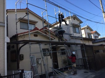 岡山市北区 屋根瓦葺き替え工事 養生足場