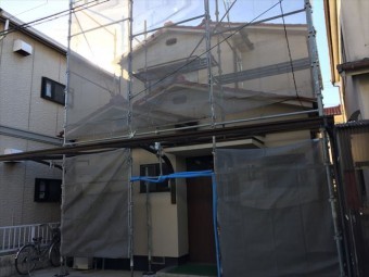 岡山市北区 屋根瓦葺き替え工事 養生足場