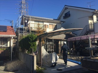 岡山市北区 屋根工事 養生足場設置