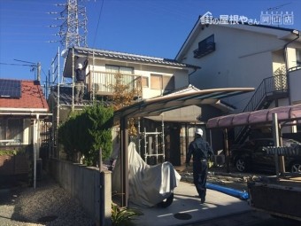 岡山市北区 屋根工事 養生足場設置