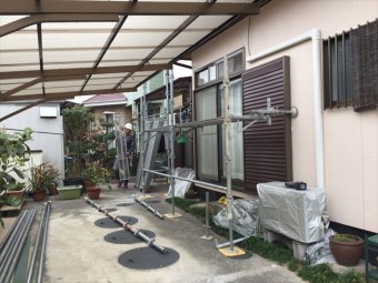 岡山市南区 屋根瓦葺き替え工事 養生足場