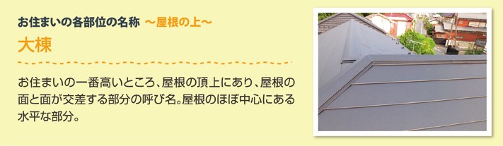寄棟屋根の各部位 大棟:屋根の頂上にあり、屋根の面が交差する部分