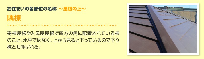 寄棟屋根の各部位 隅棟:寄棟屋根や入母屋屋根で四方の角に配置されている棟
