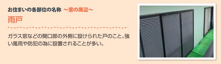 窓周辺の部位 雨戸:ガラス窓などの開口部の外側に設けられた戸