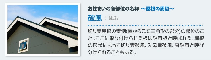 屋根の各部位 破風:切り妻屋根の横から見て三角形の部位のこと