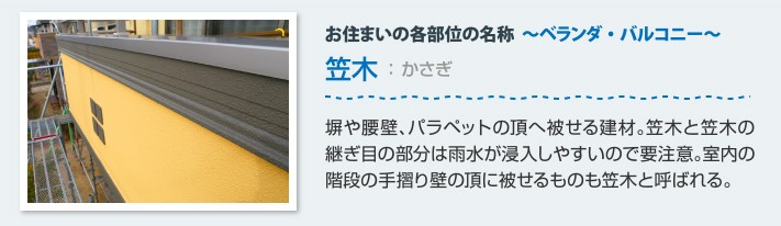 ベランダ・バルコニーの各部位 笠木:塀や腰壁、パラペットの頂へ被せる建材