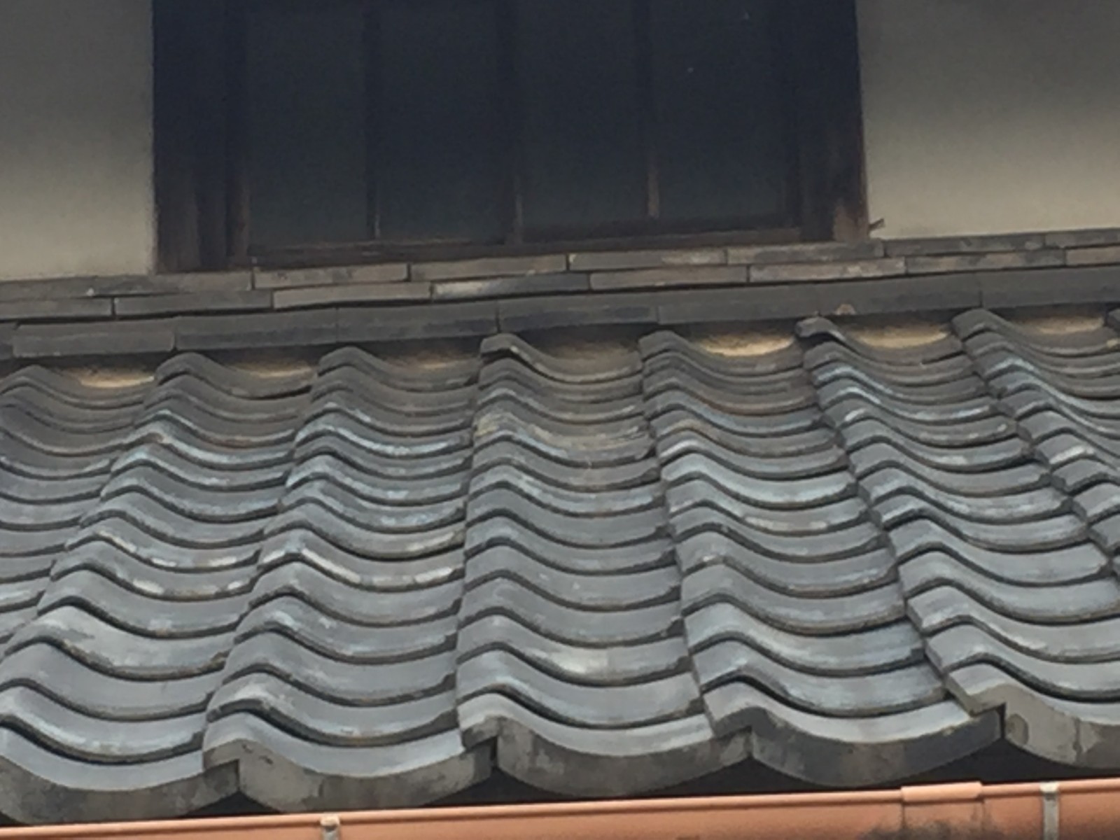 壁際ののし瓦の下に漆喰が見える長屋の1階の屋根