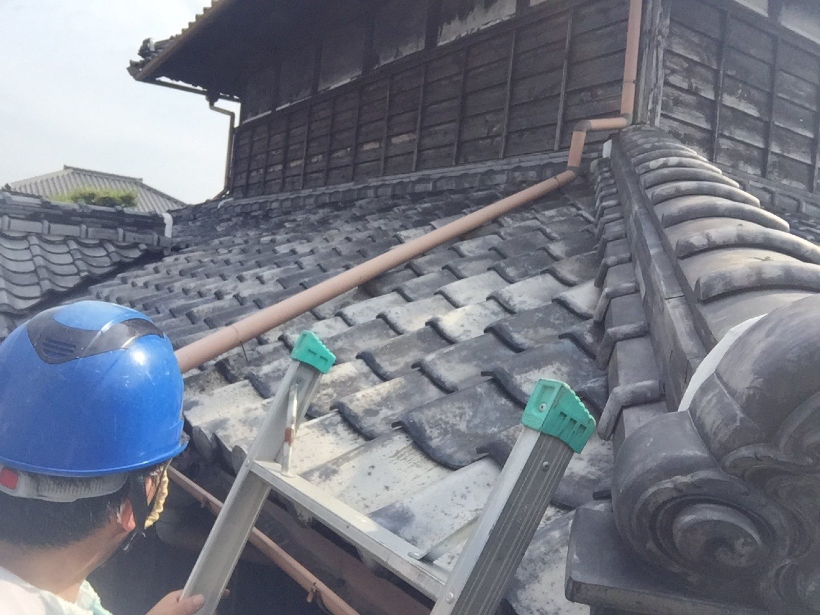 上の屋根の雨樋へ向けて一段低い屋根にはしごを掛けた様子