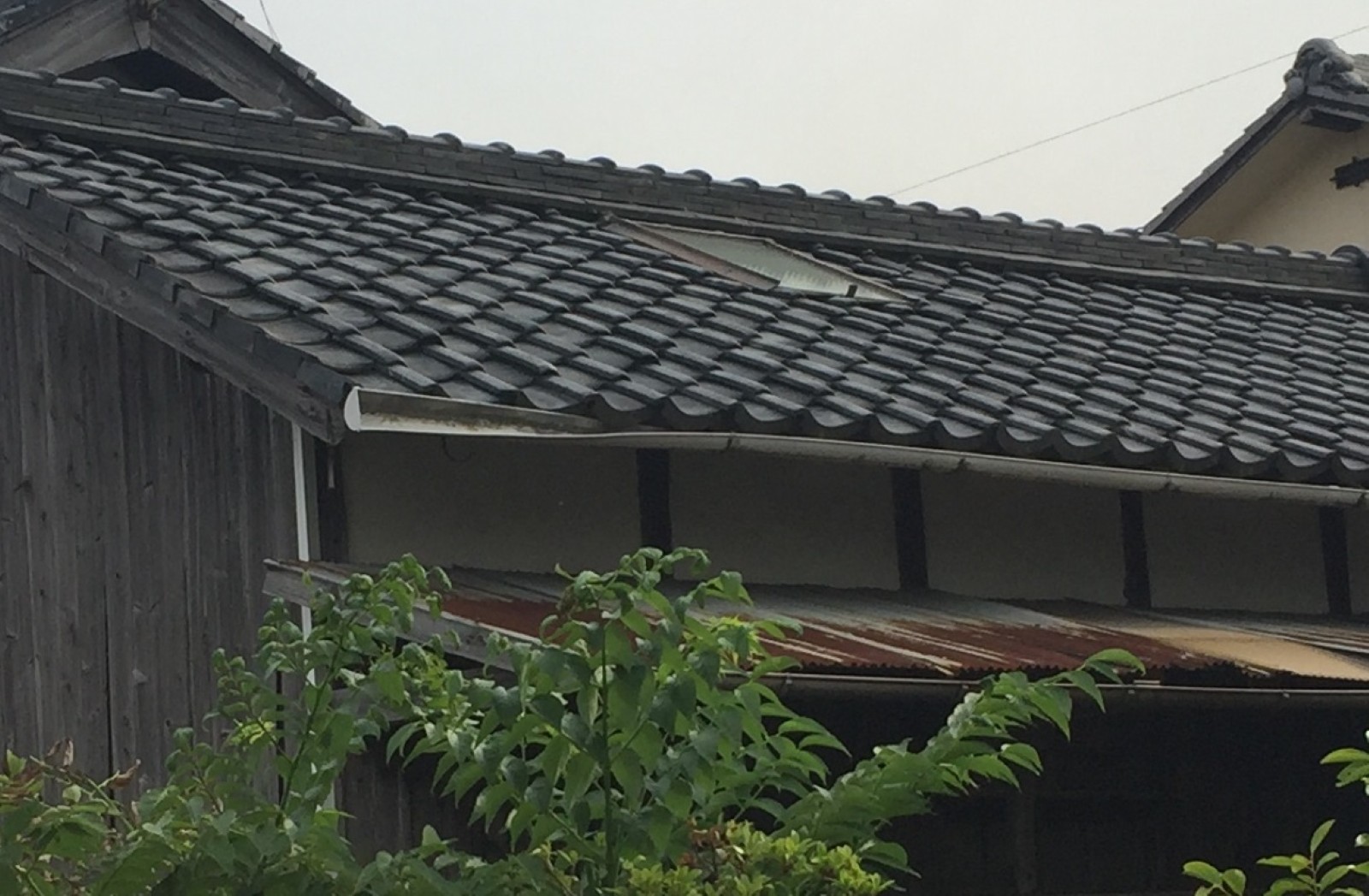 天窓のある長屋の屋根と軒を地上から見たところ