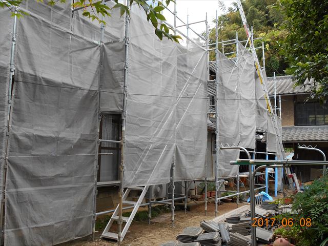 岡山県久米南町　屋根工事　雨漏り修理　養生足場完成
